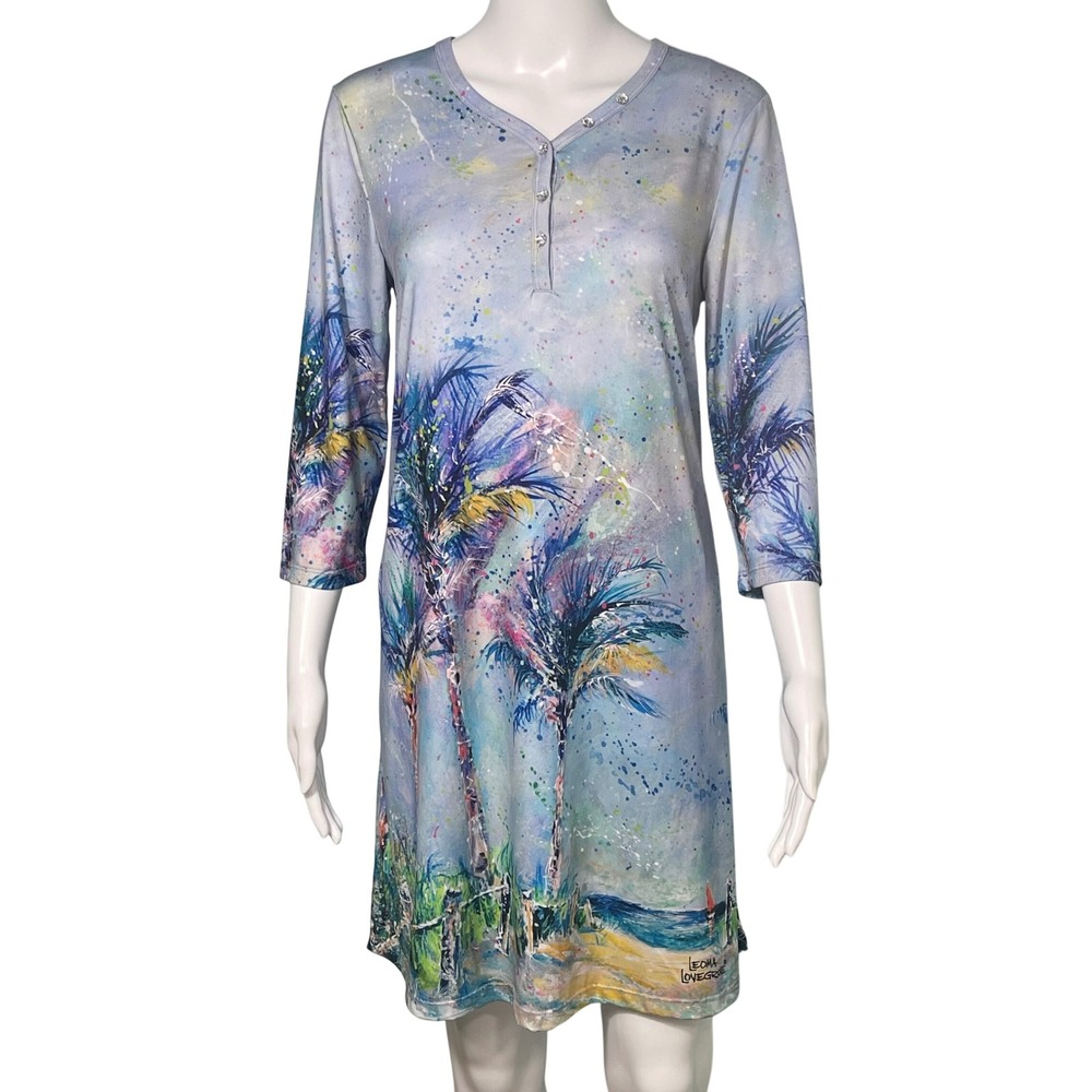 Leoma Lovegrove Tropical Palm Tree Beach Print Henley Dress Blue Purple Small
